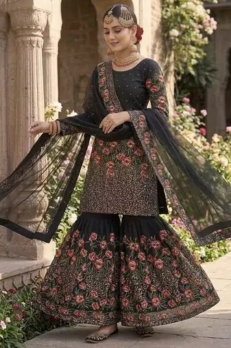 Black fendy silk heavy embroidery work party wear sharara suit