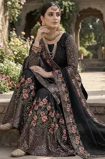 Black fendy silk heavy embroidery work party wear sharara suit