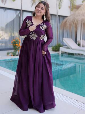 Tantalizing Wine Bead Work Georgette Event Wear Gown 1