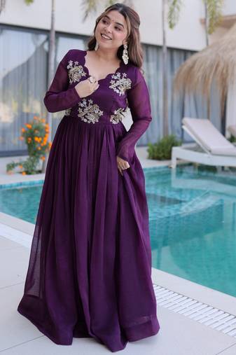 Tantalizing Wine Bead Work Georgette Event Wear Gown