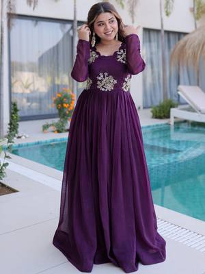 Tantalizing Wine Bead Work Georgette Event Wear Gown 3