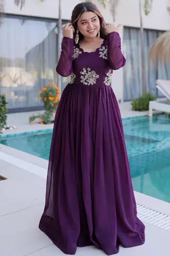 Tantalizing Wine Bead Work Georgette Event Wear Gown