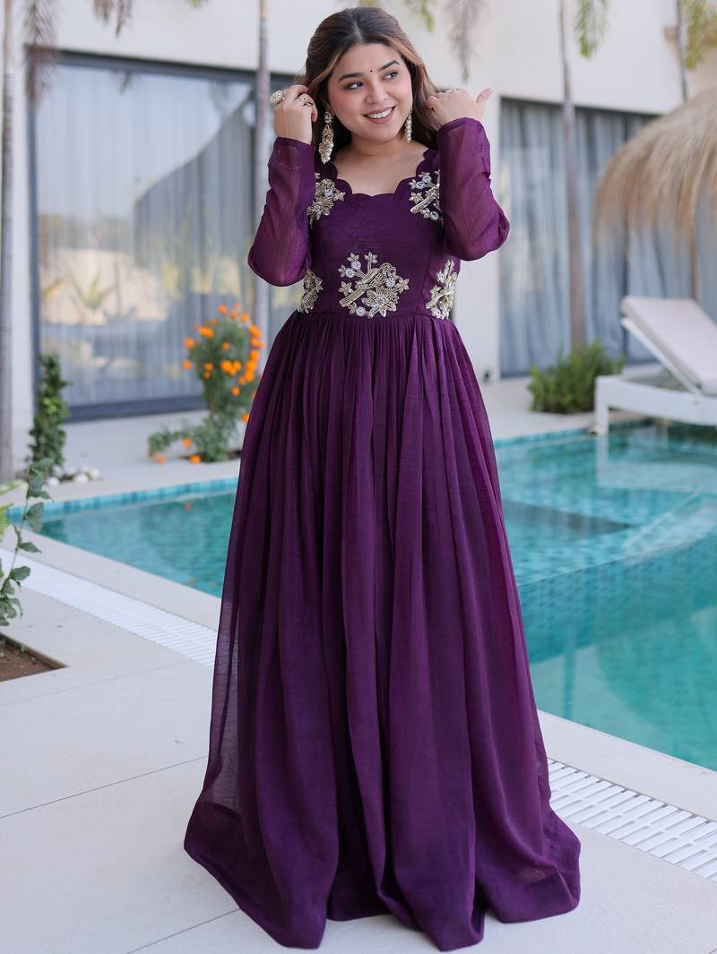 Tantalizing Wine Bead Work Georgette Event Wear Gown