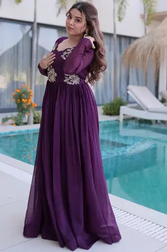 Tantalizing Wine Bead Work Georgette Event Wear Gown