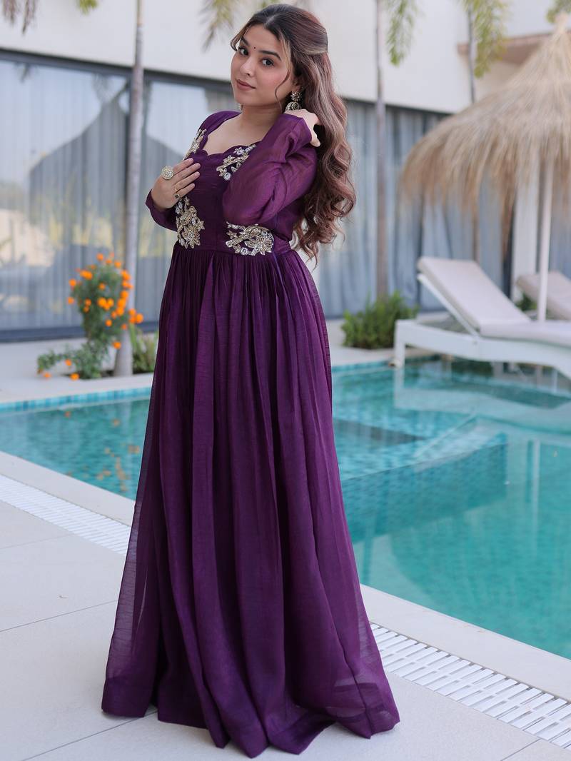 Tantalizing Wine Bead Work Georgette Event Wear Gown