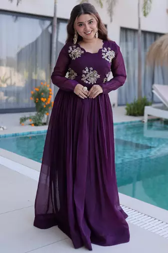 Tantalizing Wine Bead Work Georgette Event Wear Gown