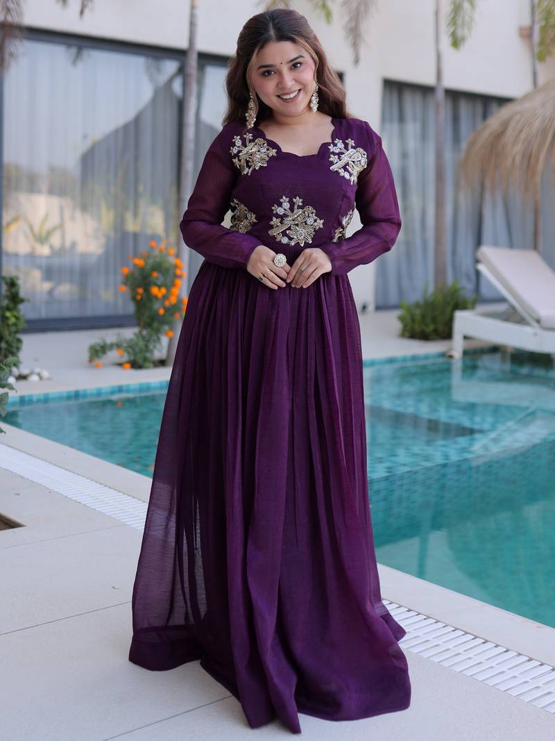 Tantalizing Wine Bead Work Georgette Event Wear Gown