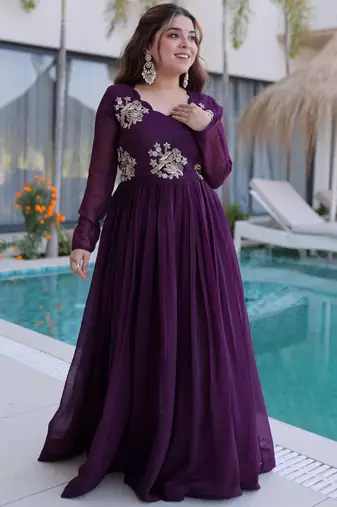 Tantalizing Wine Bead Work Georgette Event Wear Gown