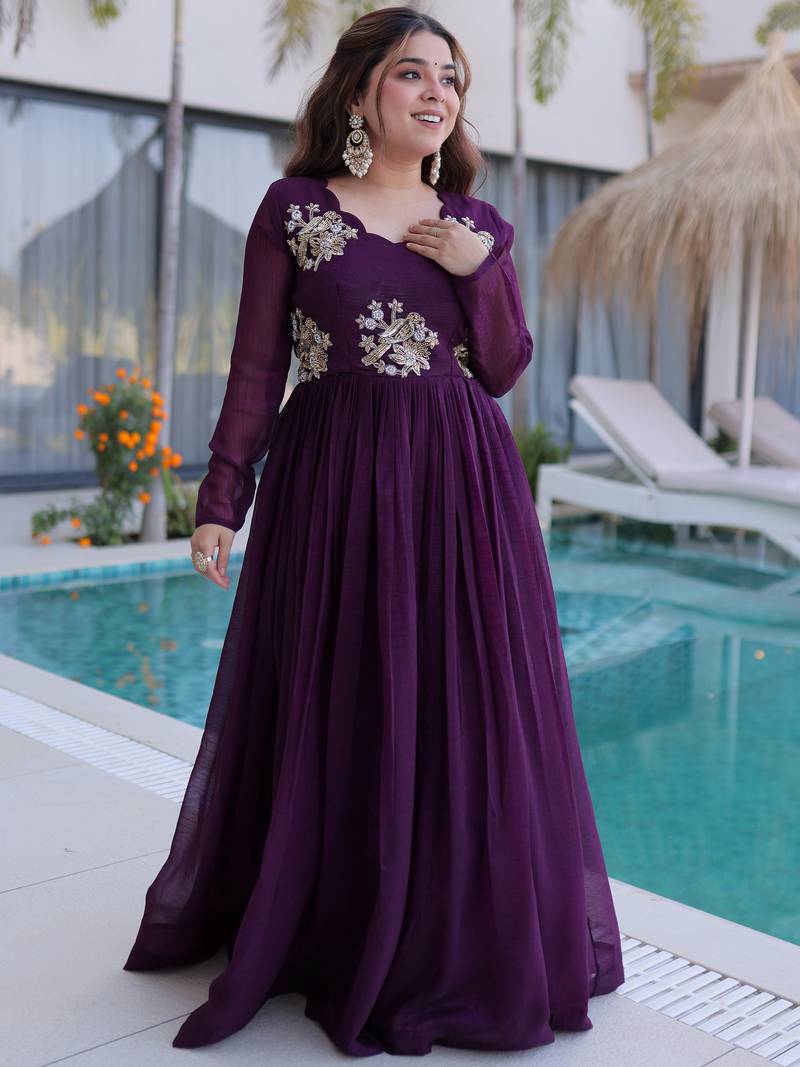 Tantalizing Wine Bead Work Georgette Event Wear Gown