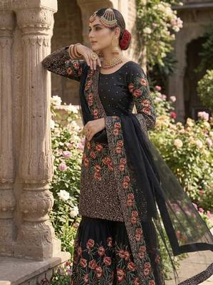 Black fendy silk heavy embroidery work party wear sharara suit 4