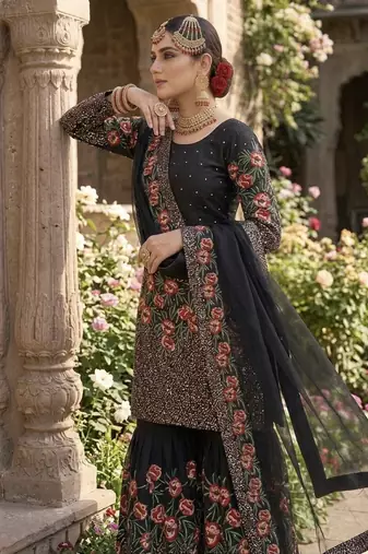 Black fendy silk heavy embroidery work party wear sharara suit