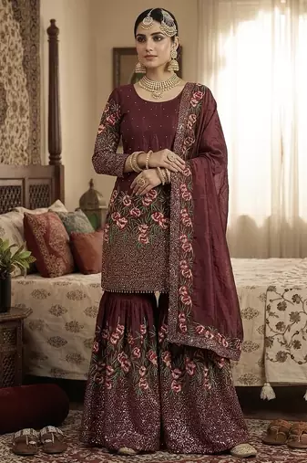Maroon fendy silk heavy embroidery work party wear sharara suit