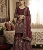 Maroon fendy silk heavy embroidery work party wear sharara suit