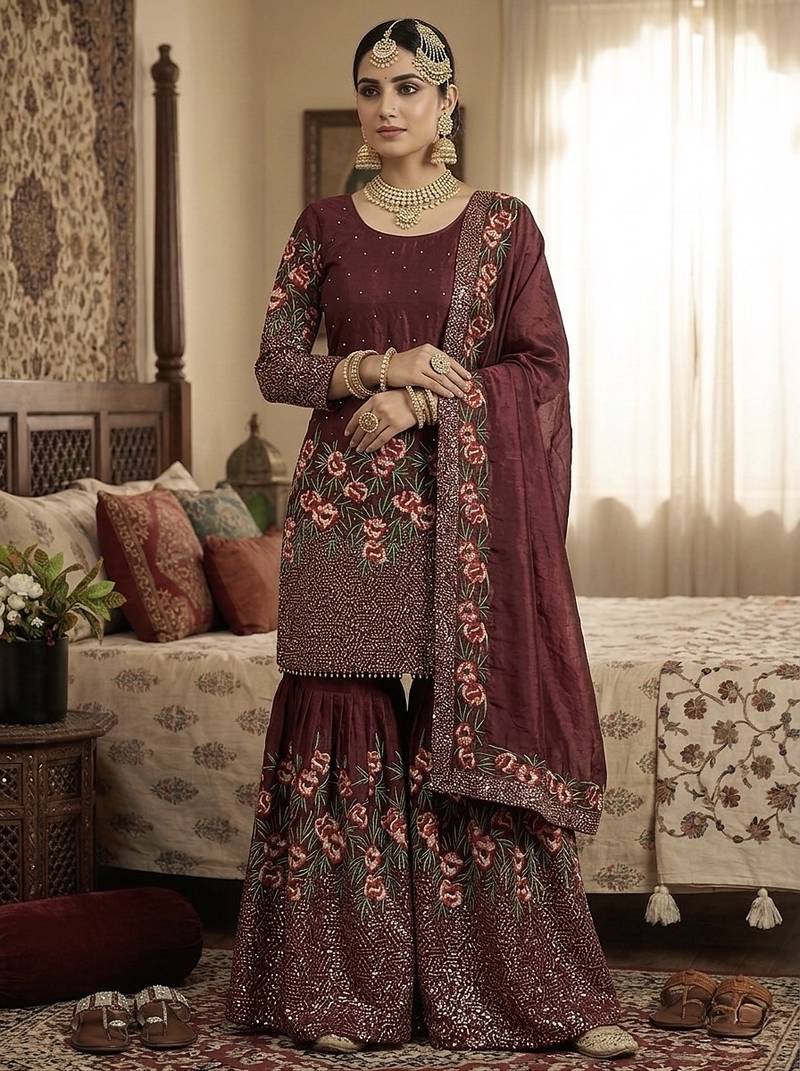 Maroon fendy silk heavy embroidery work party wear sharara suit