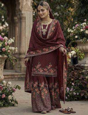 Maroon fendy silk heavy embroidery work party wear sharara suit 3
