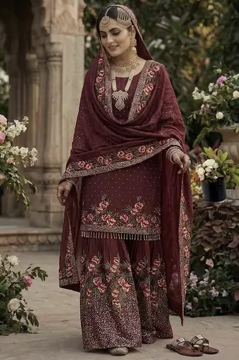 Maroon fendy silk heavy embroidery work party wear sharara suit