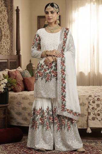 White fendy silk heavy embroidery work party wear sharara suit