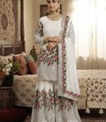 White fendy silk heavy embroidery work party wear sharara suit