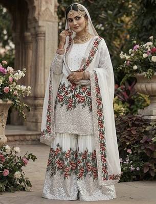 White fendy silk heavy embroidery work party wear sharara suit 2