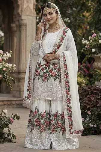 White fendy silk heavy embroidery work party wear sharara suit