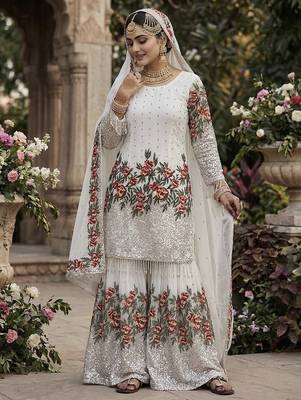 White fendy silk heavy embroidery work party wear sharara suit 3