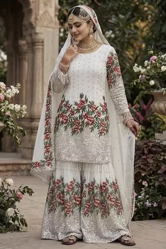 White fendy silk heavy embroidery work party wear sharara suit