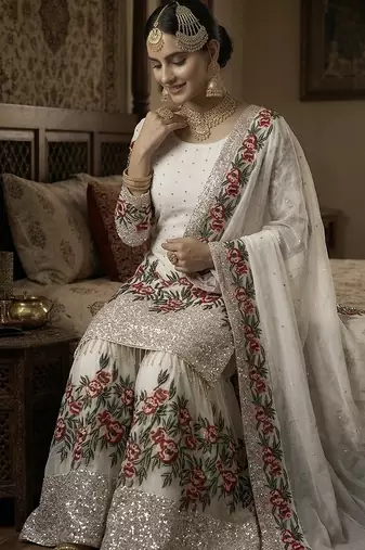 White fendy silk heavy embroidery work party wear sharara suit