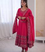 Pink roman silk embroidery work party wear long gown