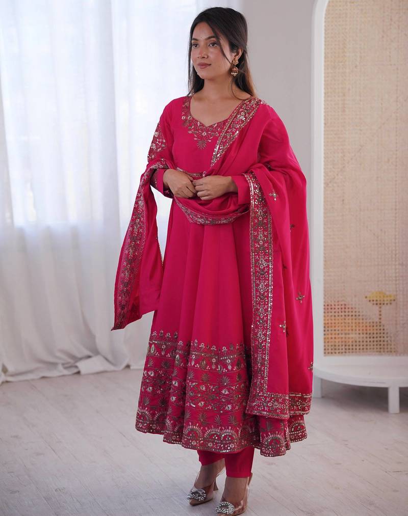 Pink roman silk embroidery work party wear long gown