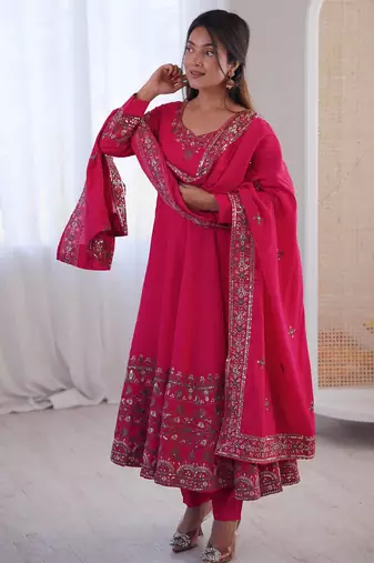 Pink roman silk embroidery work party wear long gown