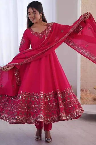 Pink roman silk embroidery work party wear long gown