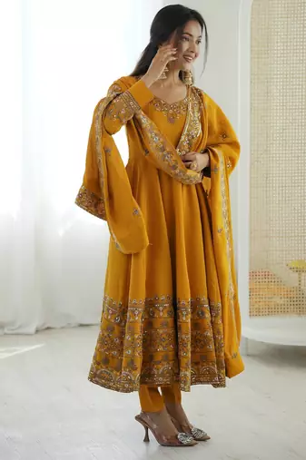 Yellow roman silk embroidery work party wear long gown