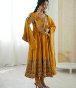 Yellow roman silk embroidery work party wear long gown