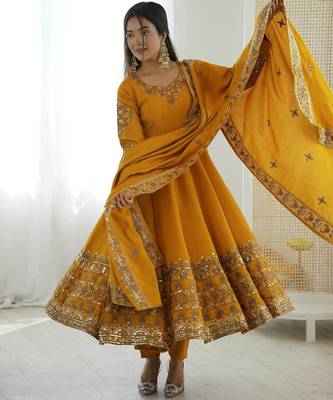 Yellow roman silk embroidery work party wear long gown 4