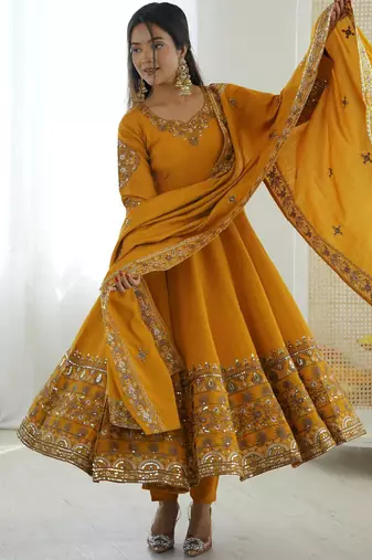 Yellow roman silk embroidery work party wear long gown