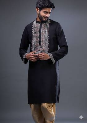 Navy blue embroidered silk kurta pant 3