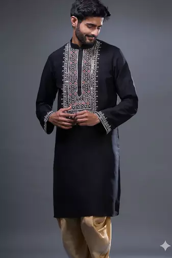 Navy blue embroidered silk kurta pant