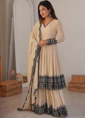 Cream color faux georgette embrodiery work party wear sharara set 1