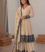 Cream color faux georgette embrodiery work party wear sharara set