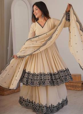 Cream color faux georgette embrodiery work party wear sharara set 3