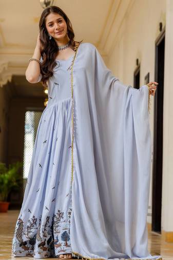 Lavender chinnon heavy work long wedding gown