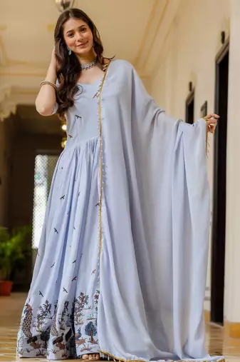 Lavender chinnon heavy work long wedding gown