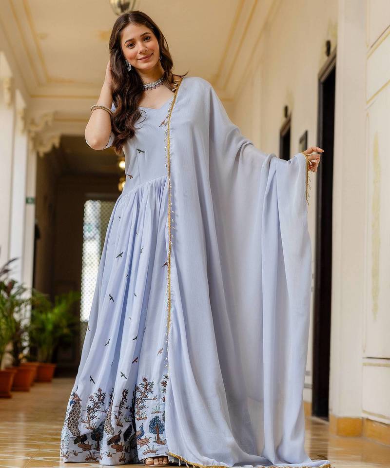 Lavender chinnon heavy work long wedding gown