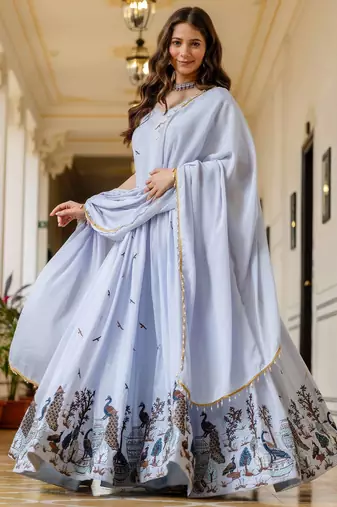 Lavender chinnon heavy work long wedding gown
