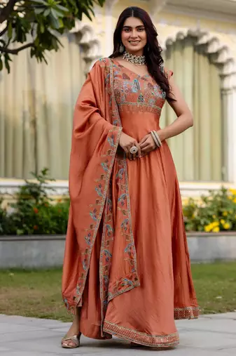Orange color vichitra silk designer party wear long gown