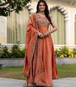 Orange color vichitra silk designer party wear long gown
