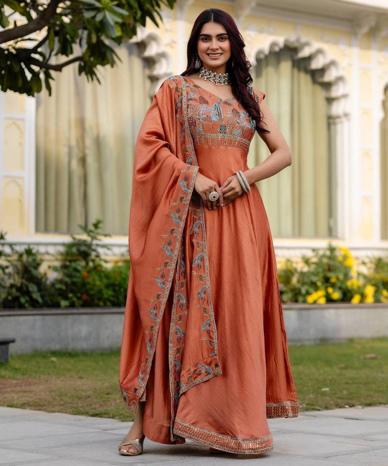Orange color vichitra silk designer party wear long gown