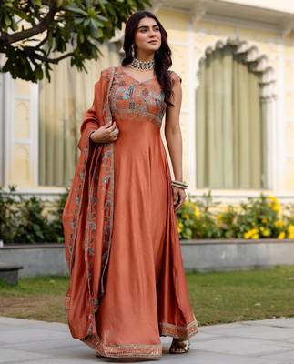 Orange color vichitra silk party wear long gown 3