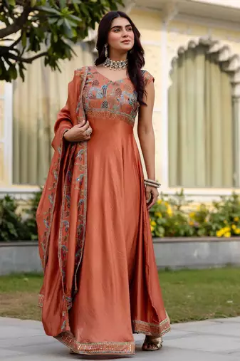 Orange color vichitra silk designer party wear long gown