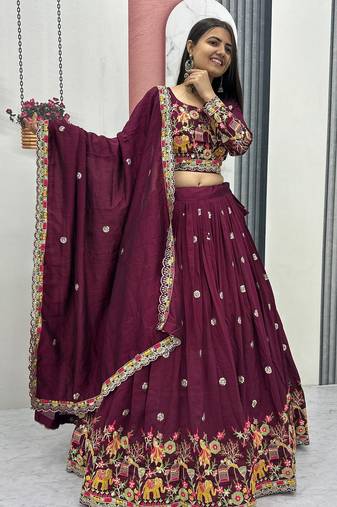 Plum Color Embroidery Coding Thread Chinon Lahenga Choli Set